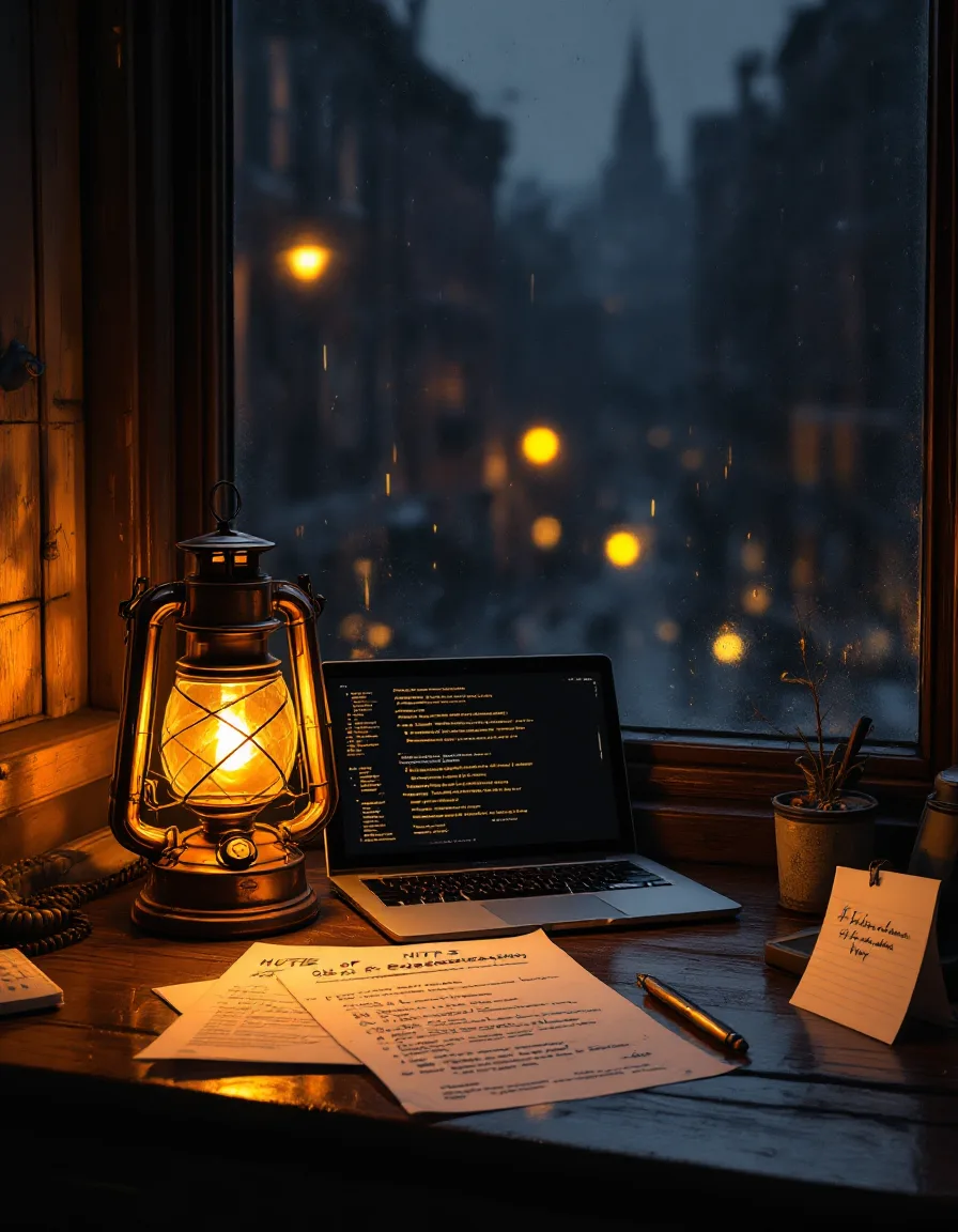 A copper lantern glowing beside a laptop and a signed rules-of-engagement document on a desk by a Brooklyn window at dusk